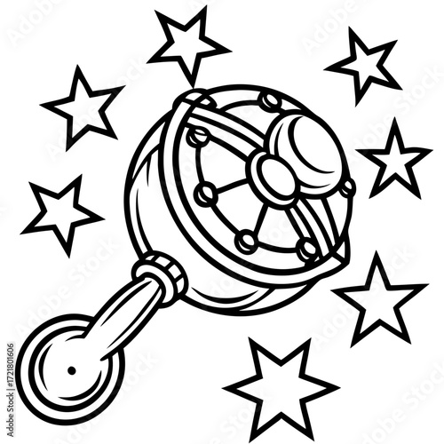 Vector illustration:  Whimsical baby rattle design, black and white, stars, playful, nursery decor.