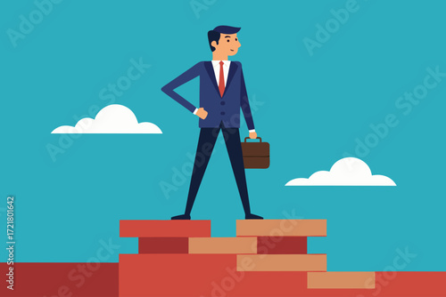 Businessman stands confidently on steps against a bright blue sky with clouds
