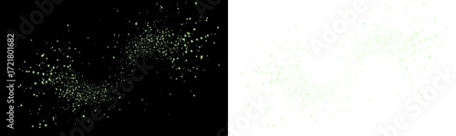 Sparkling green particles overlay on black and white backgrounds, creating a magical atmosphere for design projects, enhancing visual storytelling and creativity with copy space