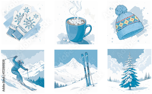Winter illustration set with mittens, hot chocolate, wool hat, skier, mountain landscape, skis and snowy tree, hand drawn holiday collection for Christmas, New Year, seasonal cards, posters and design