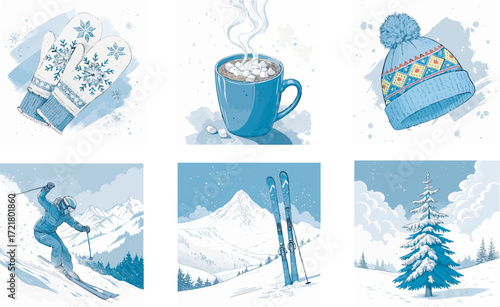 Winter illustration set with mittens, hot chocolate, wool hat, skier, mountain landscape, skis and snowy tree, hand drawn holiday collection for Christmas, New Year, seasonal cards, posters and design