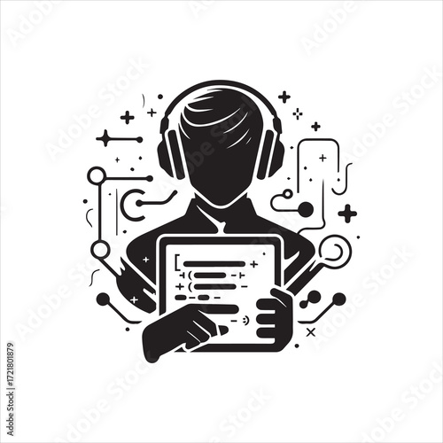 Faceless Programmer with Headphones Holding Tablet Displaying Code Snippets.