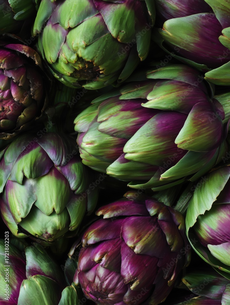 Fototapeta premium Fresh artichokes closeup. Macro flat lay of green and purple Italian artichokes with layered textured leaves.
