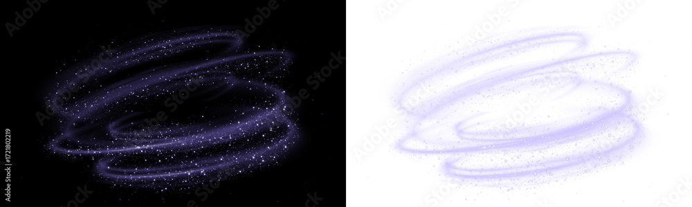 Fototapeta premium Abstract purple swirl overlay with sparkling effects on black and white backgrounds, ideal for creative projects, design elements, and artistic compositions with copy space