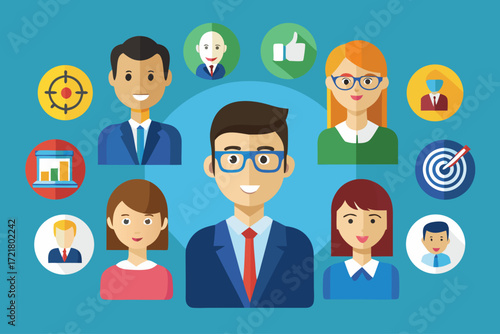 Business team collaboration and communication with diverse members in a colorful illustration setting