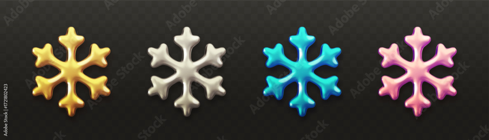 Obraz premium Set of metallic chrome 3d snowflakes. Golden, silver, blue and pink snowflake icons isolated on black background. Design element for New Year, Christmas sale banner, greeting card. Vector illustration