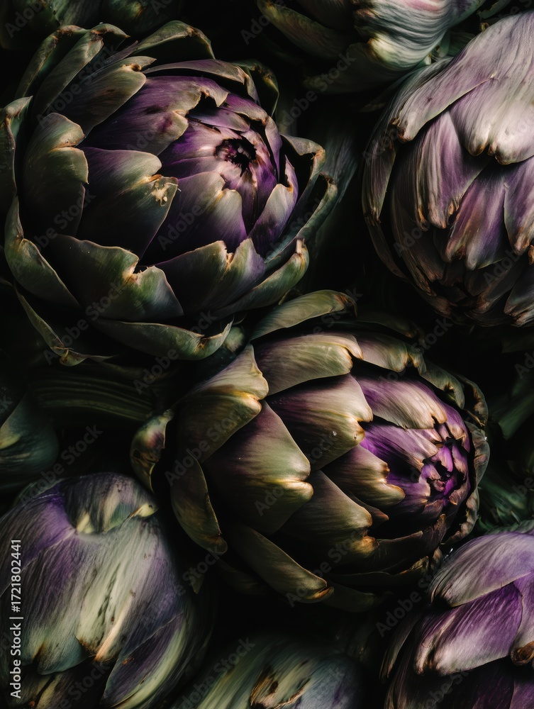 Obraz premium Fresh artichokes closeup. Macro flat lay of green and purple Italian artichokes with layered textured leaves.