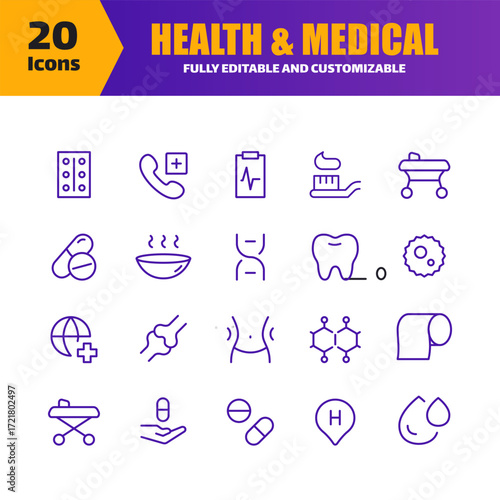 Health & Medical Icon Set - 20 Editable and Customizable Vector Icons