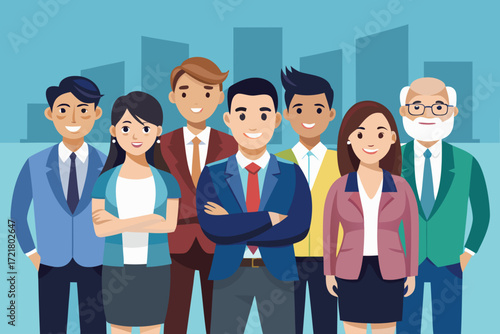 Diverse group of professionals standing together in an urban setting for a team building session