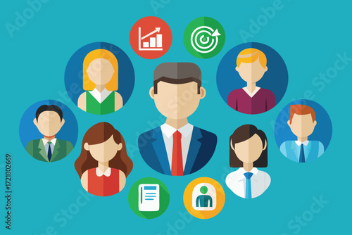 Diverse group of professionals collaborating on business strategy and growth in a colorful digital setting