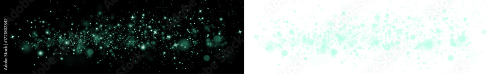 Naklejka premium Abstract teal and black PNG overlay featuring shimmering particles and bokeh effects, ideal for creative projects, backgrounds, and graphic design applications with copy space