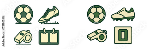 Various soccer elements including a ball, shoes, and referee tools displayed in a simple design