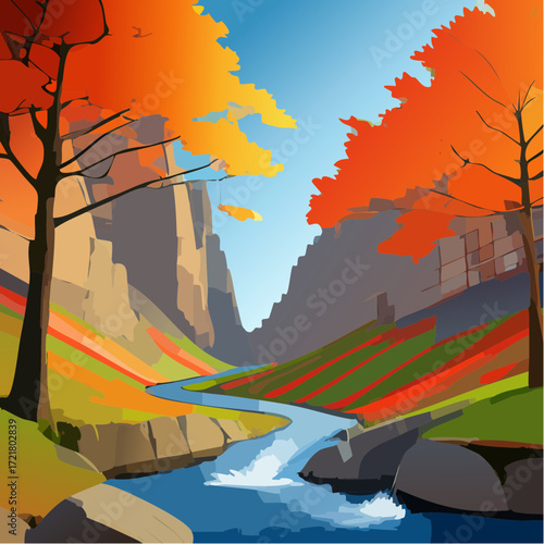 digital photorealism cottonwood canyon with golden leaves and sunlit stream