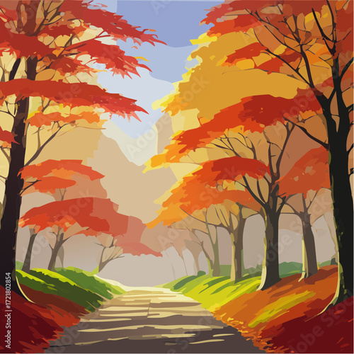 oil-impasto maple alley with dramatic palette-knife texture and fiery autumn hues