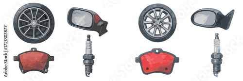 Various car parts displayed including wheels, mirrors, and brake pads for automotive repair and maintenance