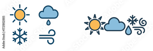 Weather symbols depicting sun, rain, snow, and wind in a clear, simple design suitable for understanding different weather conditions