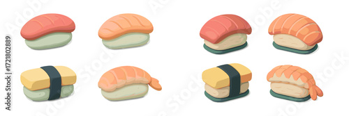 Cute cartoon sushi collection featuring different types served on plates for a fun dining experience