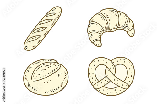 Different types of baked goods including baguette, croissant, round loaf, and pretzel displayed together on a neutral background