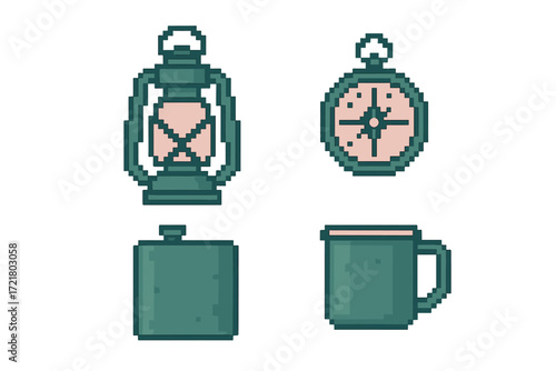 Pixel art collection of camping gear including a lantern, compass, pot, and mug