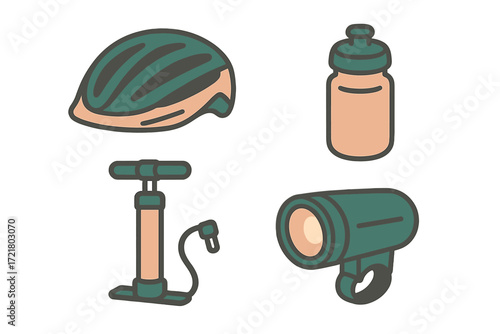 Cycling gear for safe and enjoyable rides with helmet, water bottle, pump, and light