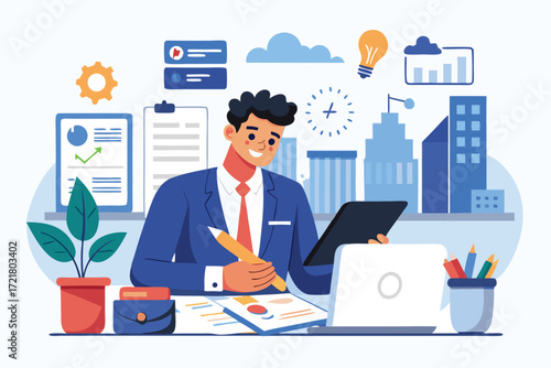 Business professional working on a tablet in an office with modern decor and city skyline in the background
