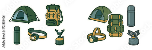 Camping gear collection for outdoor adventures with various tents, backpacks, and accessories