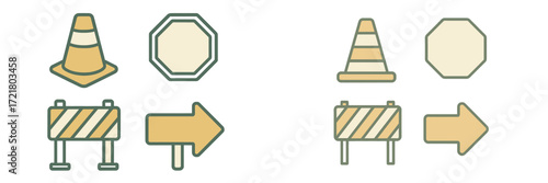 Road signs and construction cones displayed in a simple design suitable for guiding traffic and indicating hazards