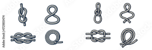 Variety of knots displayed on a white background, showcasing essential maritime and climbing skills in detailed designs