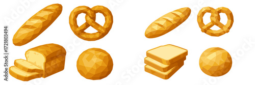 Different types of bread and baked goods displayed in a colorful geometric style design