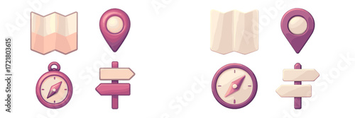Colorful navigation icons representing maps, pins, and compasses designed for modern digital applications and interfaces