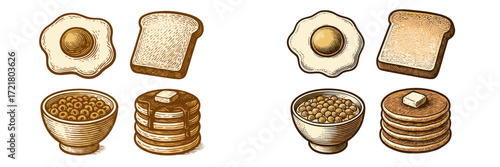 Breakfast foods illustrated in a vintage style with eggs, toast, pancakes, and cereals arranged in bowls