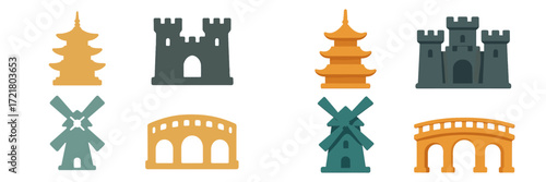 Various architectural shapes featuring pagodas, castles, and windmills in distinct colors and designs