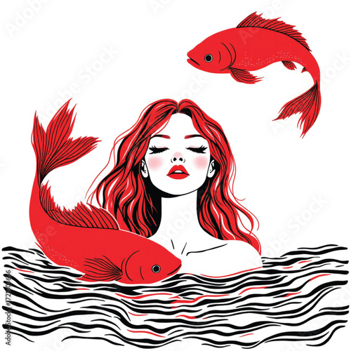 Surreal Mermaid Woman Vector — Red-Haired Figure with Koi Fish in Black and White Water, Symbolizing Tranquility and Transformation