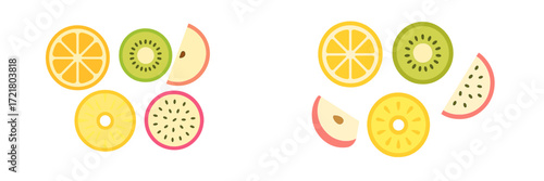 Colorful fruit slices arranged in a playful pattern showcasing fresh and healthy options for snacks and meals