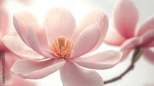 CloseUp of Elegant Pink Magnolia Blossom Revealing Delicate Petal Veins and Golden Stamens