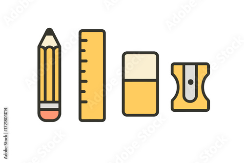 Art supplies including pencil, ruler, eraser, and sharpener arranged neatly on a white background for creative projects and school work