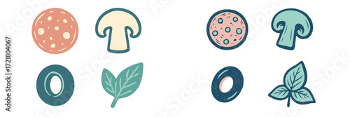 Colorful illustrations of food ingredients including mushrooms, pepperoni, and herbs for pizza design concepts
