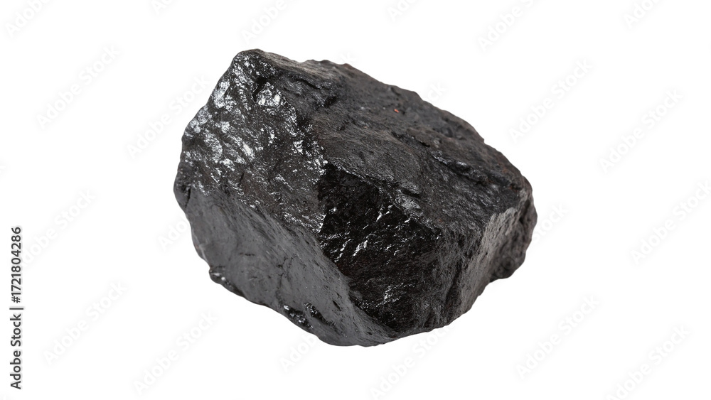 Obraz premium Natural black rock showcasing shiny surface with unique texture and form found in a geological setting,A black rock displays a glossyon a transparent background