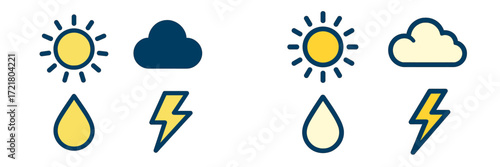 Different weather icons representing sunny, cloudy, rainy, and stormy conditions in a simple graphic style