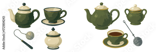 Ceramic teapots and cups in earthy green color displayed in a cozy kitchen setting