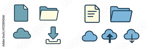 Digital file management icons displaying documents, folders, and cloud storage symbols for online activities