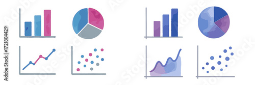 Colorful watercolors depicting various types of charts and graphs in a clean design for data presentation and analysis