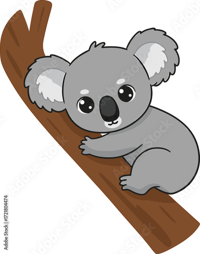 Adorable cartoon koala clinging to a brown tree branch on white background cute animal