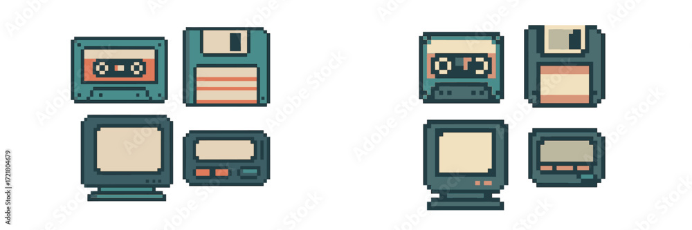 Fototapeta premium Retro technology collection showcasing cassette tapes, floppy disks, and old computer monitors in a pixel art style