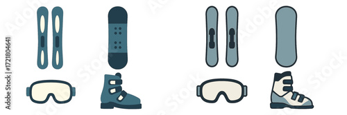 Gear for winter sports includes snowboards, ski equipment, goggles, and boots for outdoor activities in snowy environments