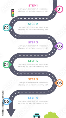 Curved Roadmap Infographic With Six Milestone Steps And Colorful Markers On White Background Vector Design