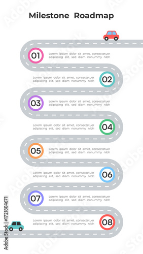 Milestone Roadmap Infographic With Eight Steps Circles Connected By Straight Road Path
