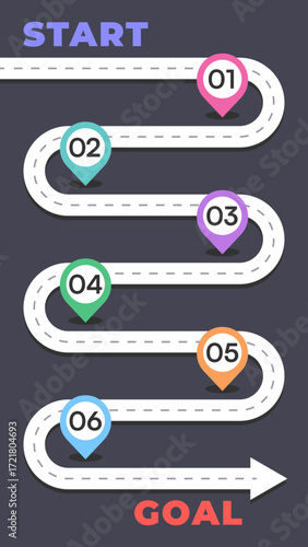 Dark Background Roadmap Infographic With Six Colorful Steps Arrow Path And Goal Destination Vector Graphic