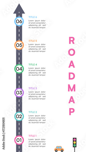 Minimal Vertical Roadmap Infographic with 6 Colorful Steps and Arrow Path
