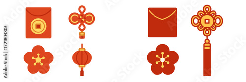 Bright red decorations for Lunar New Year celebration featuring envelopes and traditional symbols of good fortune